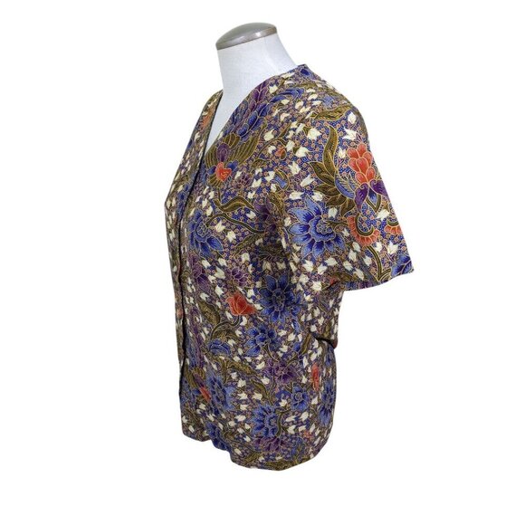 Batik Keris Womens Medium Cotton Short Sleeve Batik Floral Shirt Button Up Boho - Picture 4 of 8